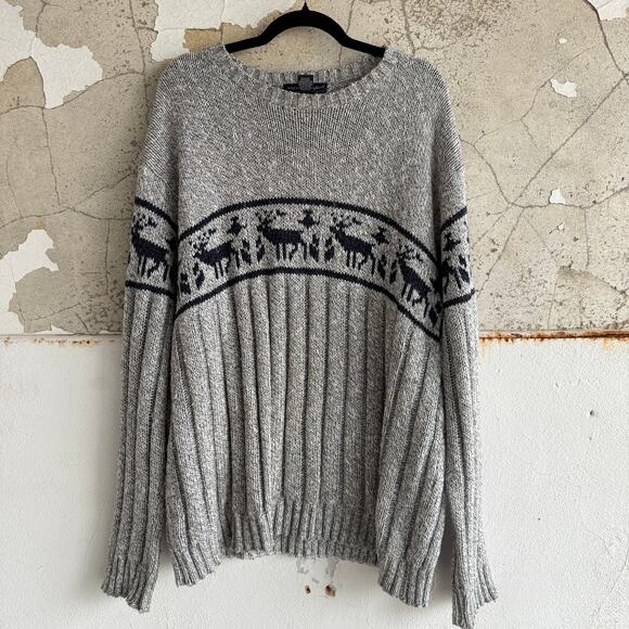 Vtg Nordic Reindeer Sweater Wool Blend Gray Ribbed Knit Mens XL USA Made Holiday - Picture 1 of 7